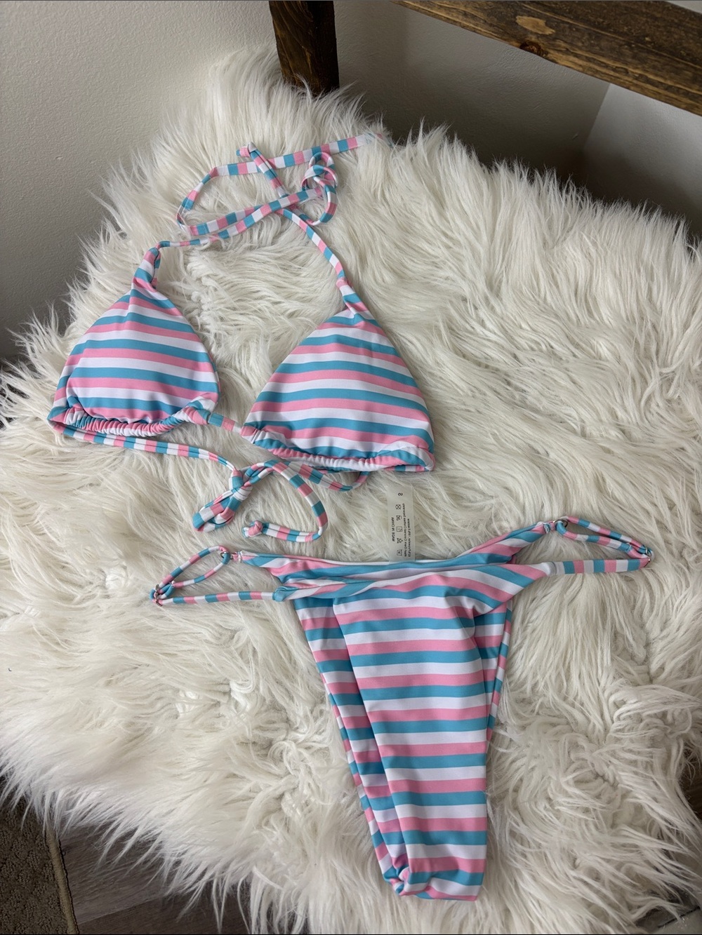 Striped Pink & Light Blue Triangle Bikini Set - Two-Piece Swimwear Size S